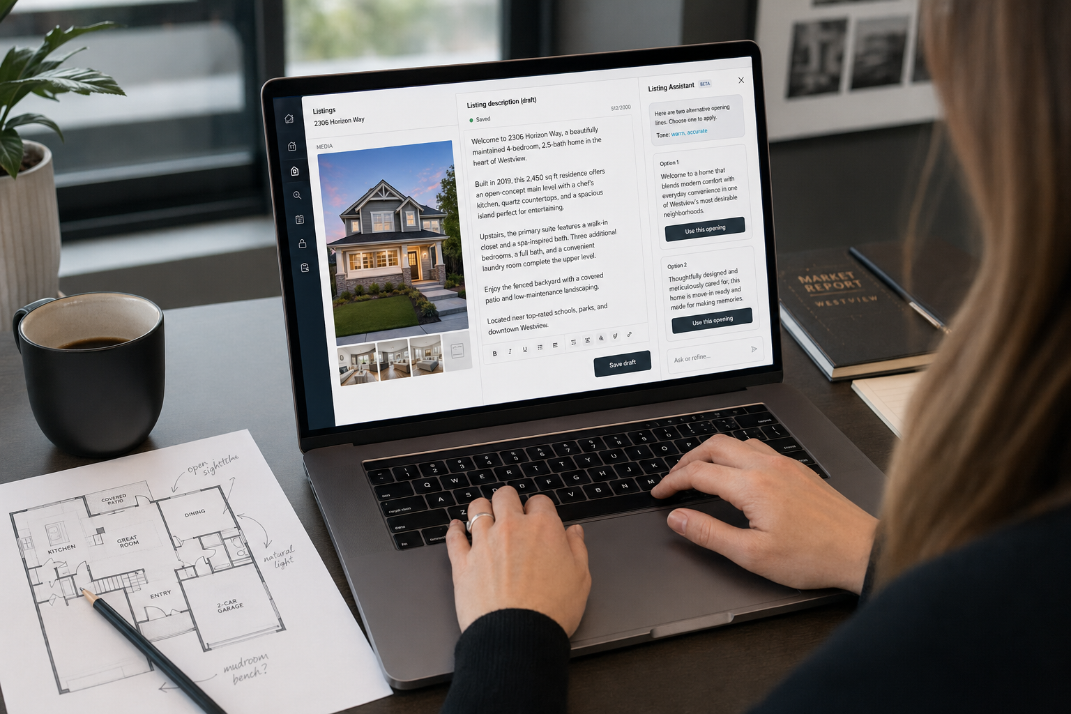 DeepSeek for real estate — agent reviewing listings Real estate agent using DeepSeek for real estate drafting a property listing description on screen