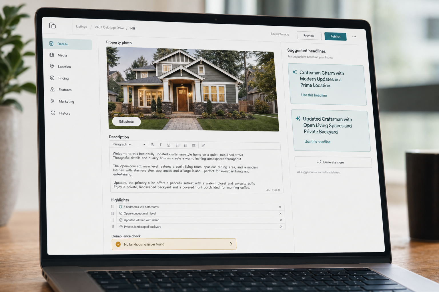 DeepSeek for real estate — listing close-up Close-up of a property listing editor with AI-drafted description and a fair-housing compliance check