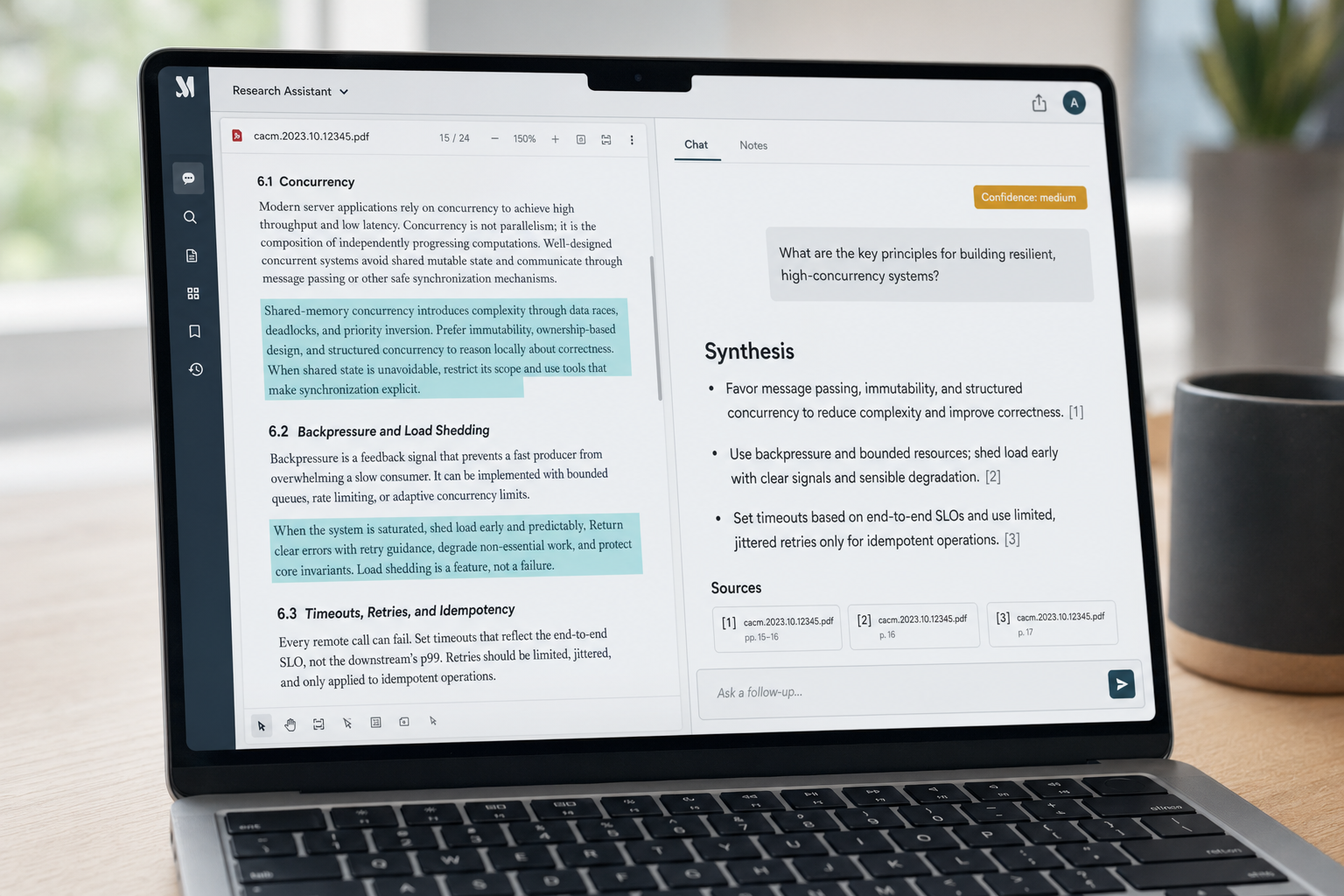 Close-up of DeepSeek research synthesis UI with bullet summary and numbered source citations