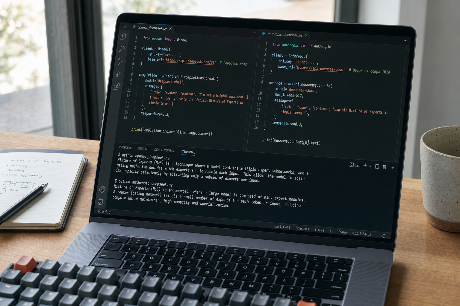 Split-screen IDE showing OpenAI and Anthropic SDK clients both calling the DeepSeek API in Python