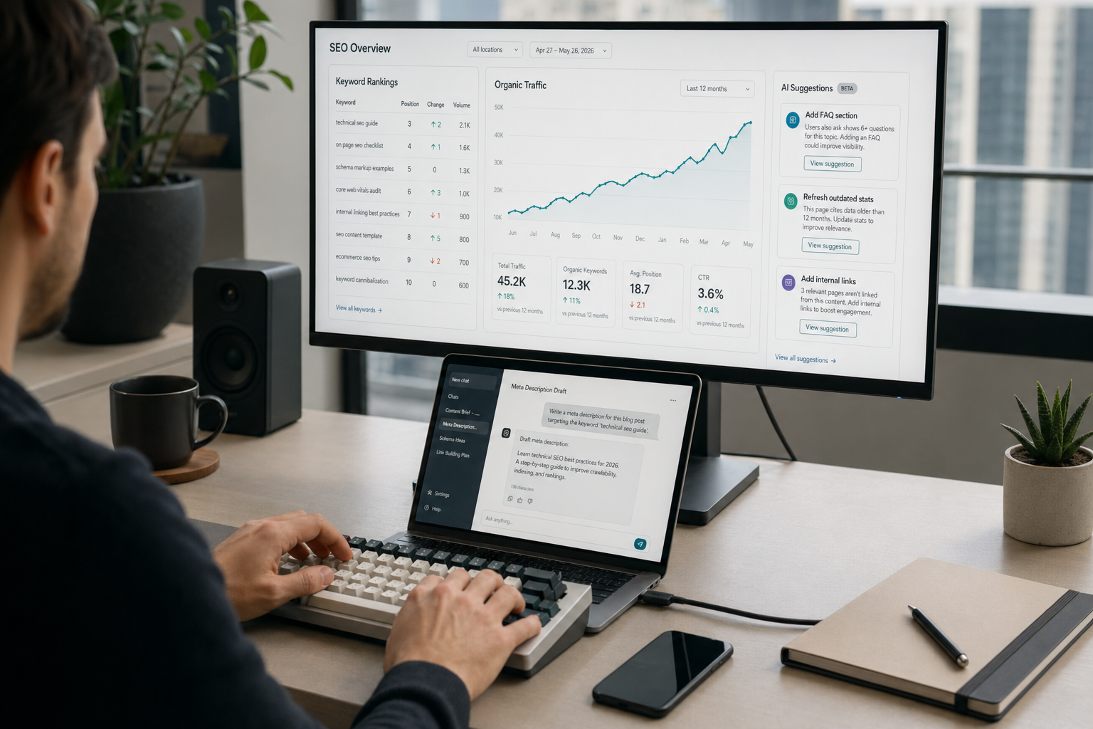 DeepSeek for SEO — dashboard at modern desk SEO specialist using DeepSeek for SEO with a rankings dashboard and AI content suggestions on screen