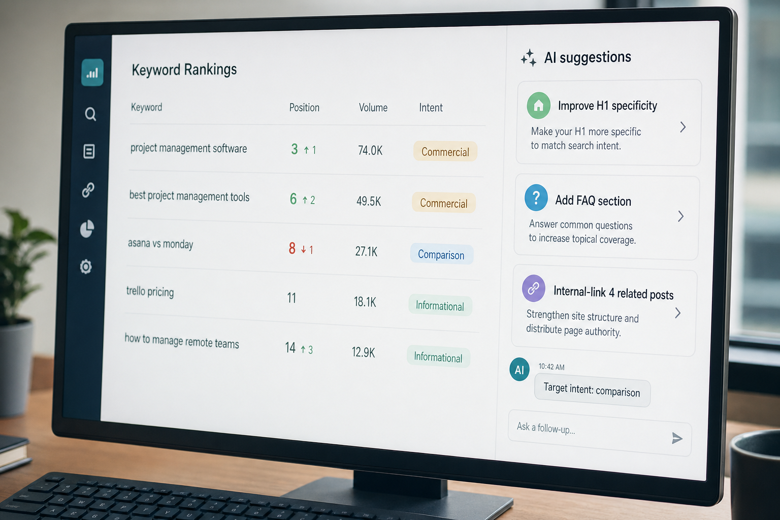 DeepSeek for SEO — AI suggestions close-up Close-up of an SEO dashboard with DeepSeek-generated content suggestions and intent targeting