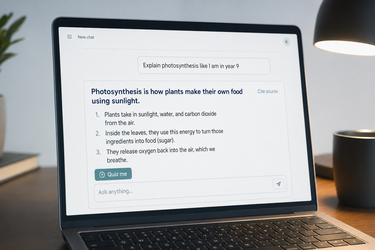 Close-up of a DeepSeek chat UI explaining photosynthesis at a year-9 reading level with a quiz button