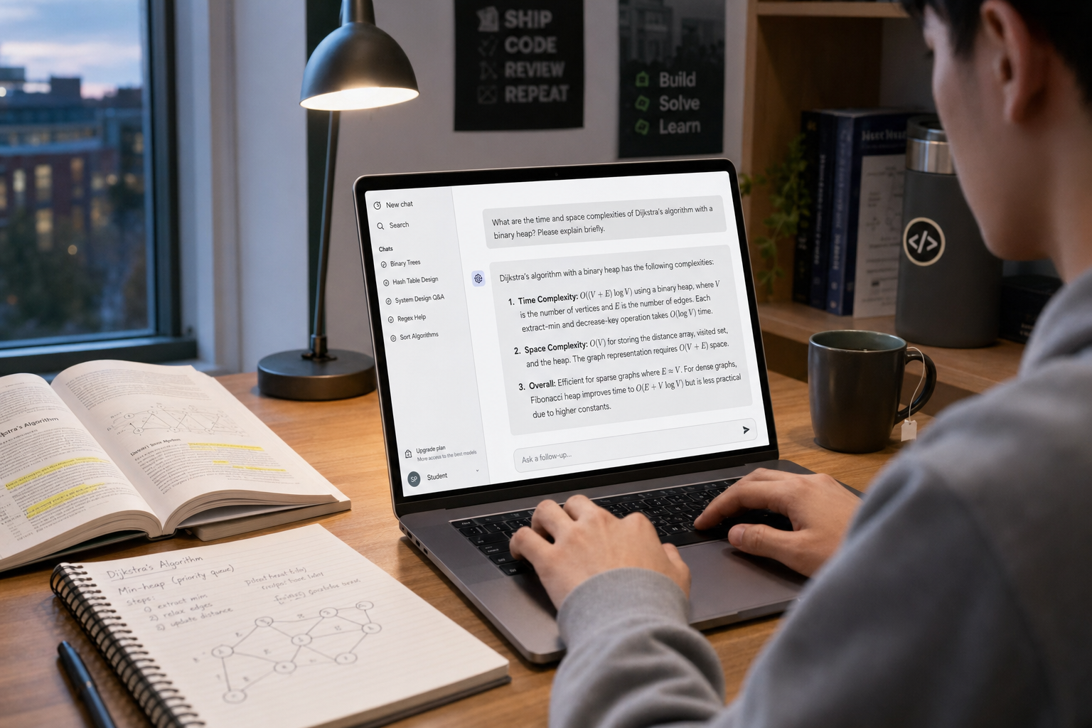 Student using DeepSeek for students with a chat UI explaining a study question beside an open textbook