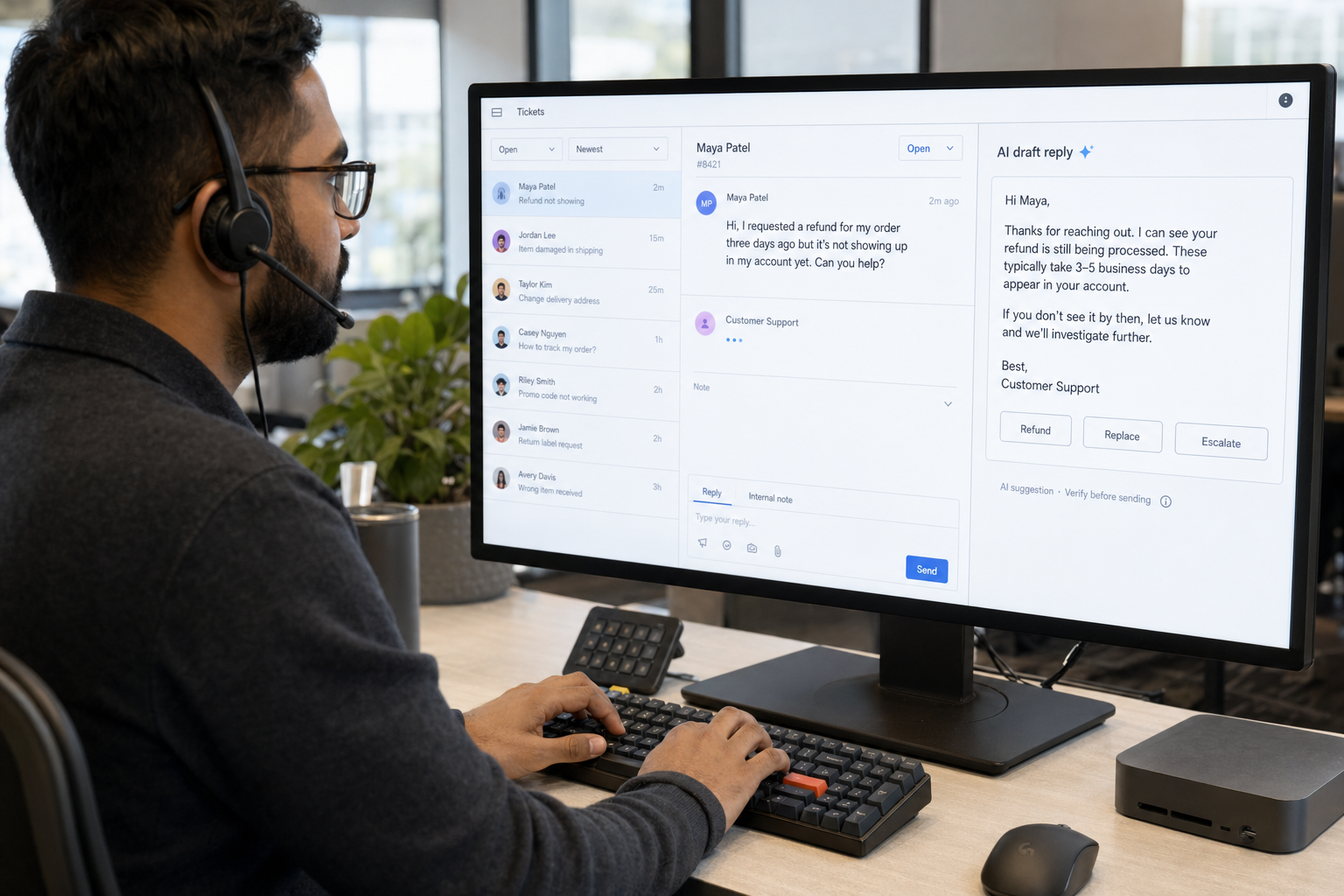 DeepSeek for customer support — agent at desk Support agent using DeepSeek for customer support with an AI-drafted reply in a ticketing UI
