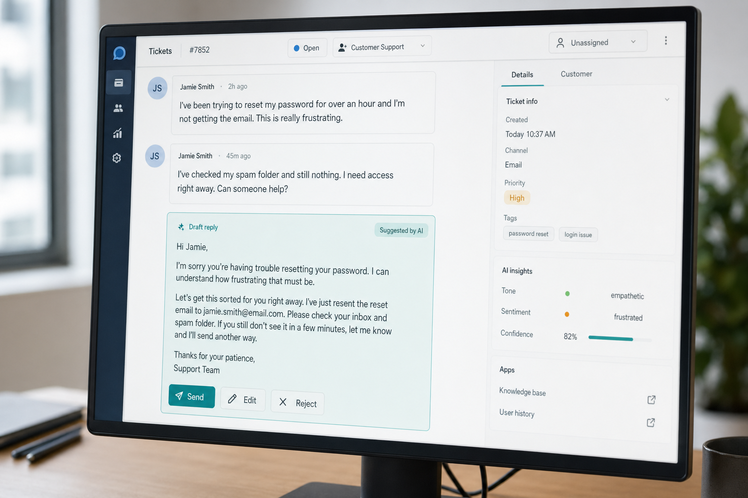 DeepSeek for customer support — reply close-up Close-up of an AI-drafted customer support reply with sentiment tags and quick actions
