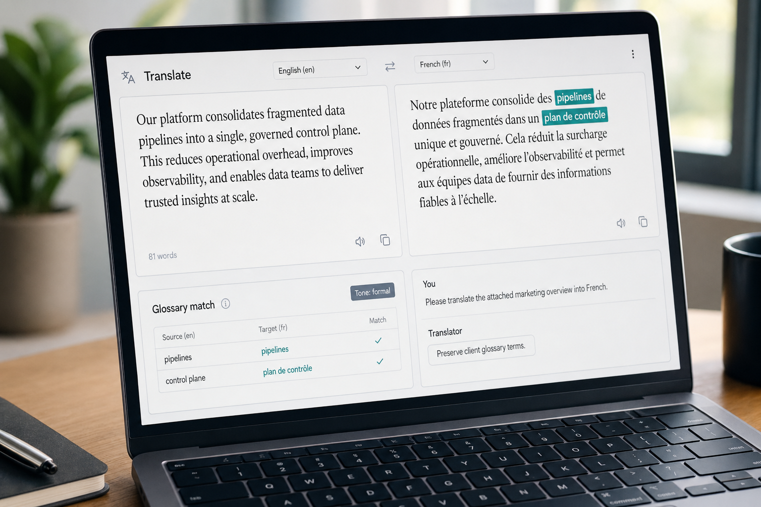 Close-up of a DeepSeek translation UI with highlighted glossary matches and a formal tone tag
