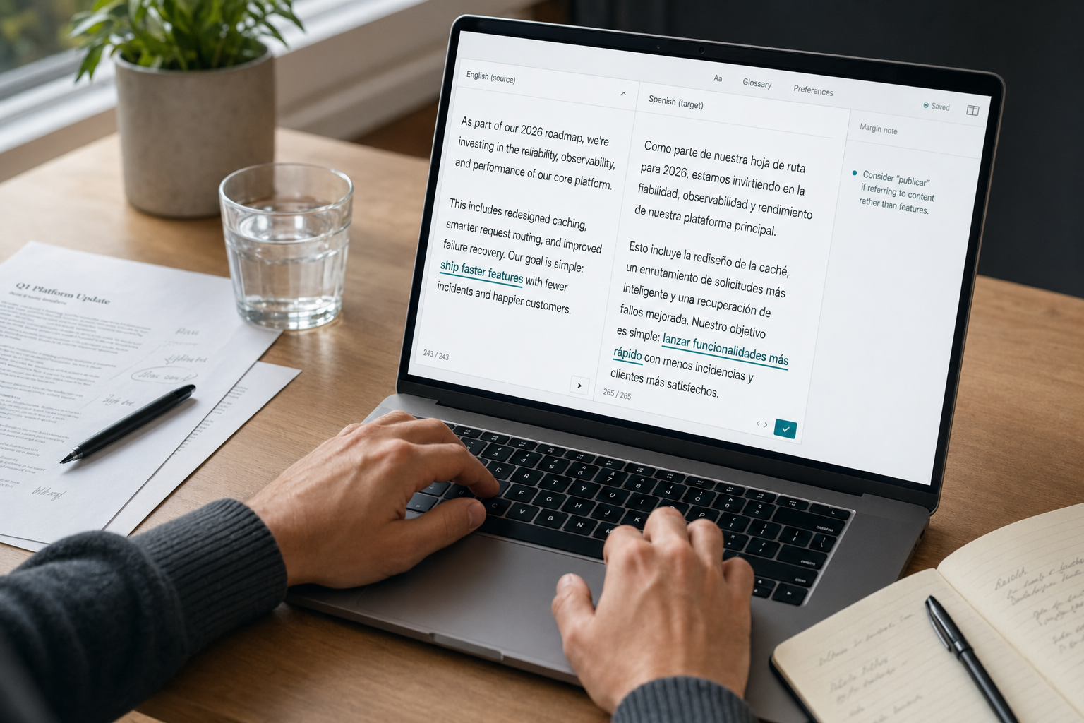 Translator using DeepSeek for translation with English source and Spanish output side by side on screen