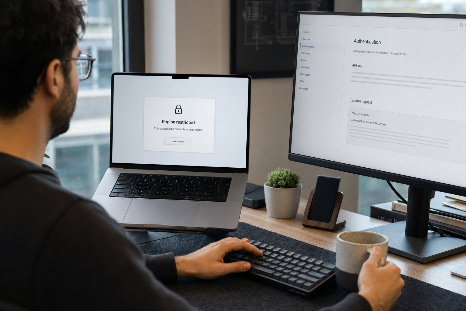Developer looking at a generic region-restriction notice on a laptop while reviewing DeepSeek US restrictions