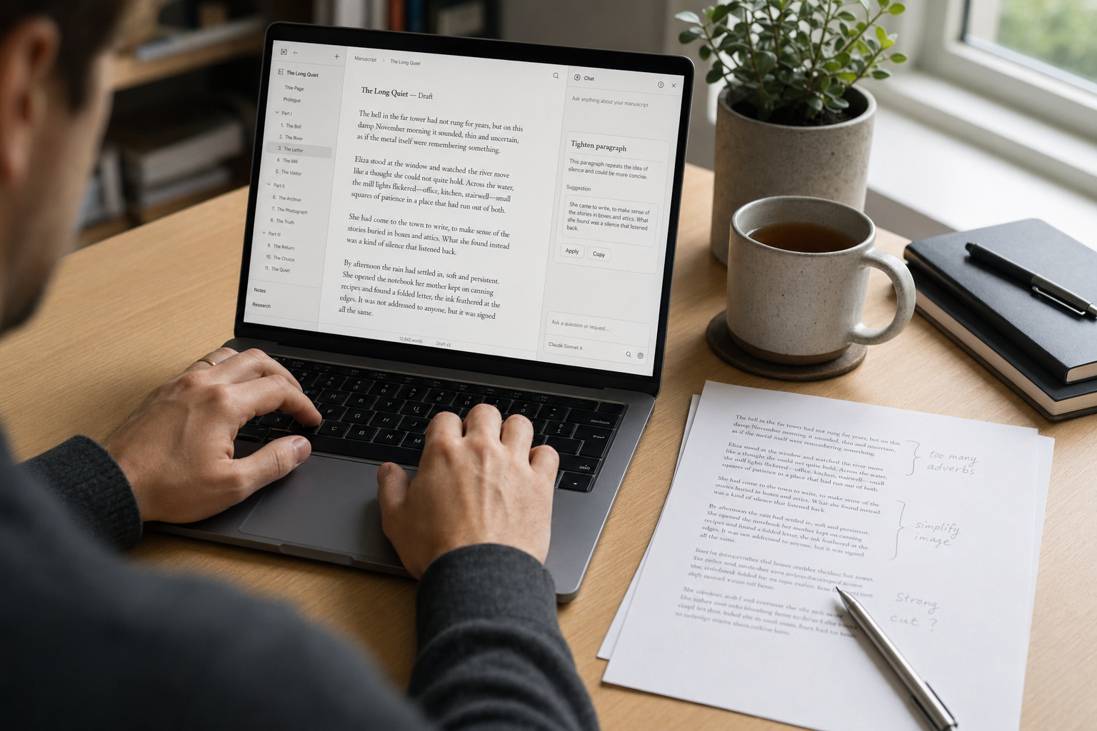 Writer using DeepSeek for writing with a manuscript on screen and a chat suggestion to tighten a paragraph