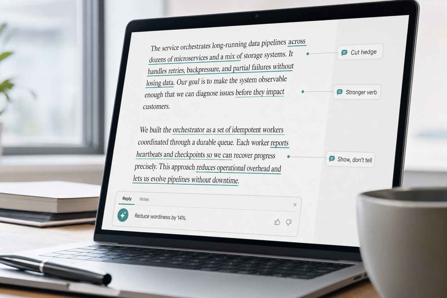 Close-up of a writing app showing inline DeepSeek edit suggestions and a wordiness reduction note