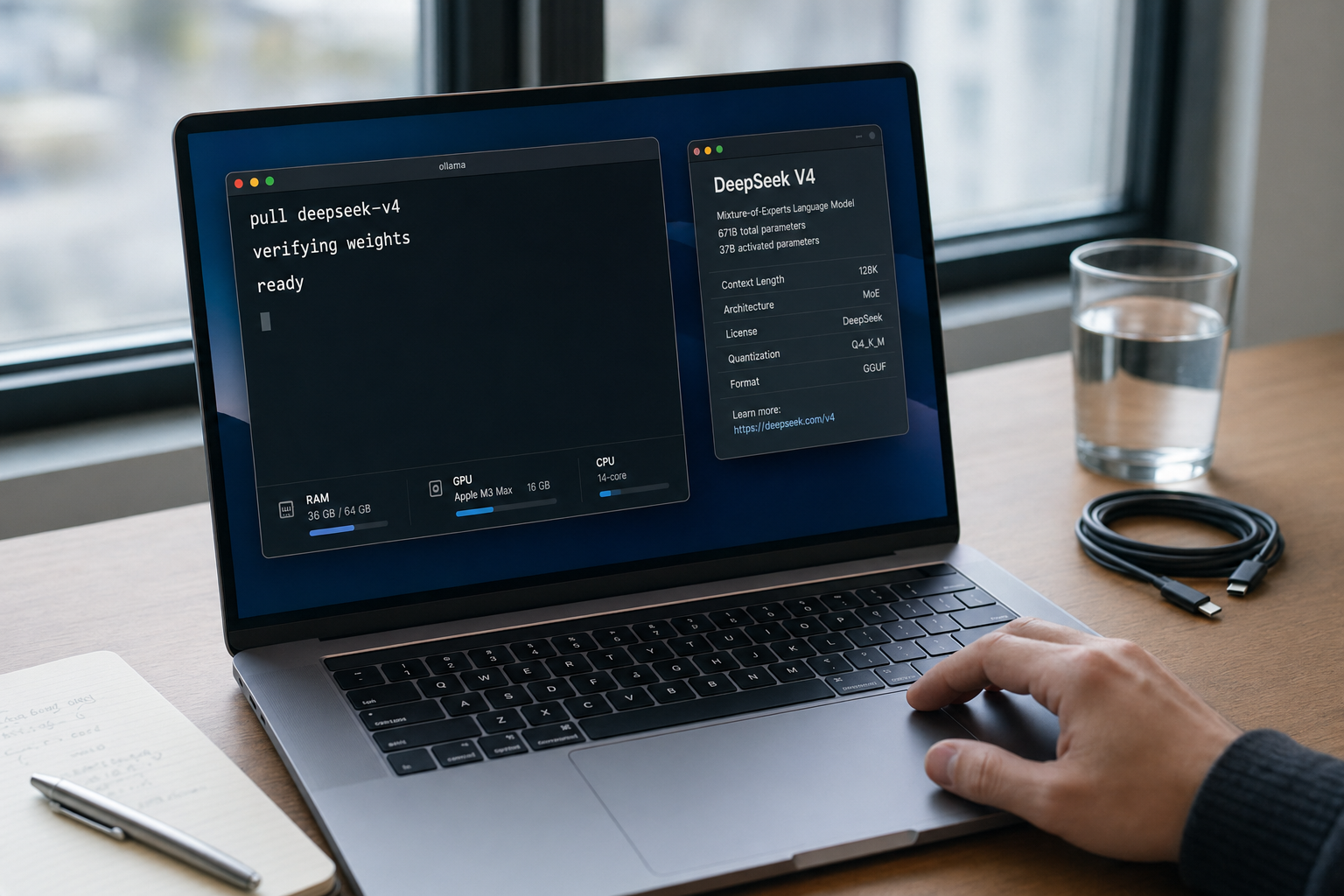 Laptop terminal during a local DeepSeek install on macOS, with model pull and verify steps visible.