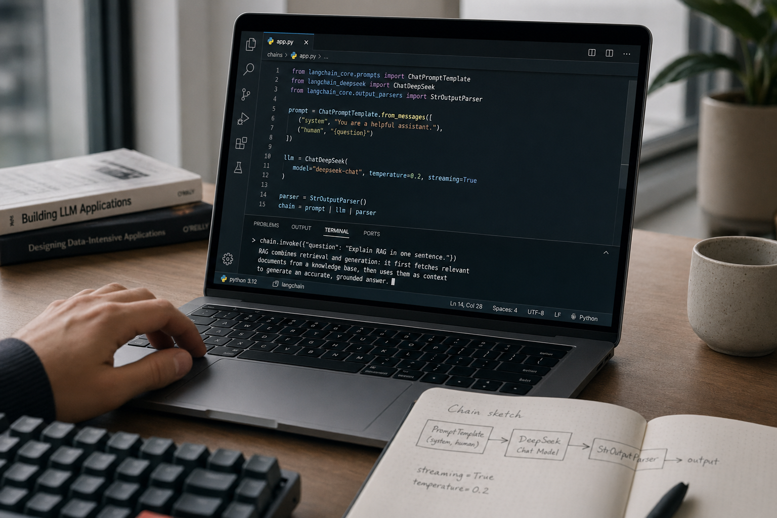 Modern editor showing a LangChain Python chain wiring DeepSeek V4 to a prompt template and parser.