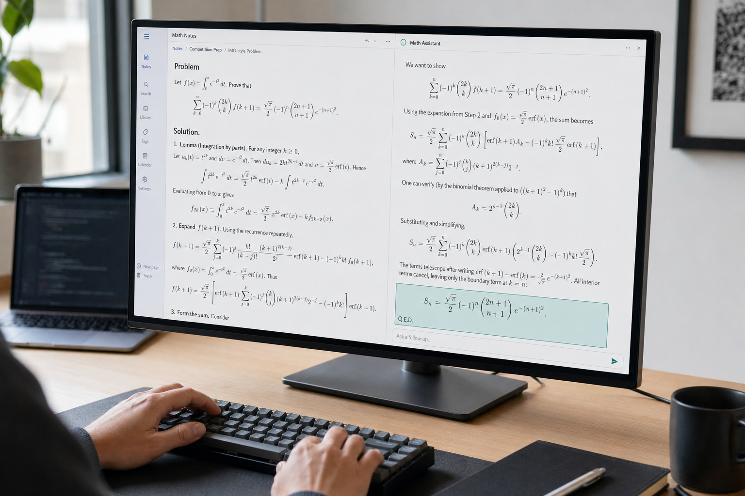 DeepSeek Math — competition problem solve Developer reviewing DeepSeek Math 7B step-by-step solution to a competition problem on a modern monitor