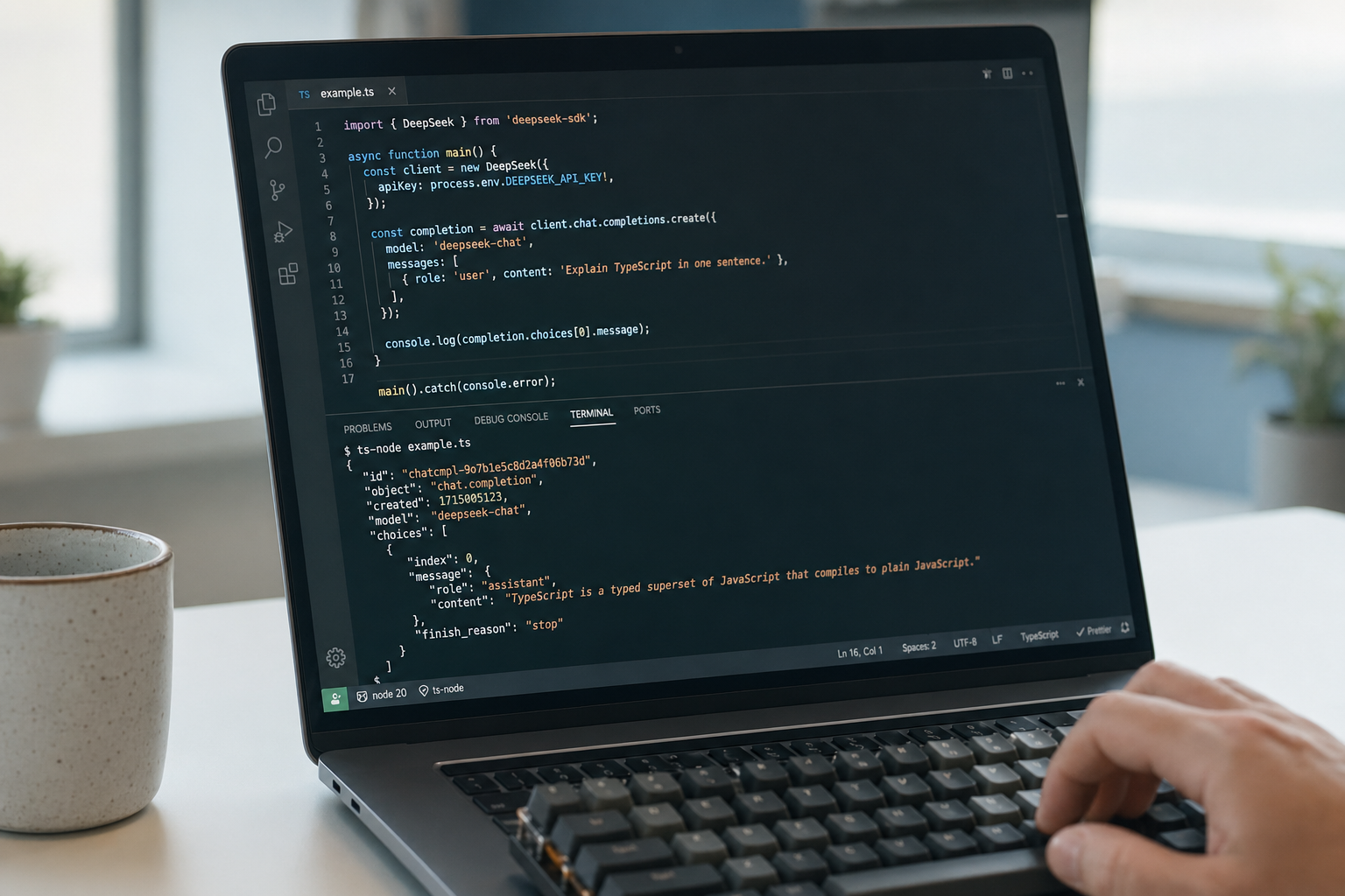 Node.js integration - first call response Editor and terminal showing the first DeepSeek V4 Node.js call returning a JSON chat completion response.