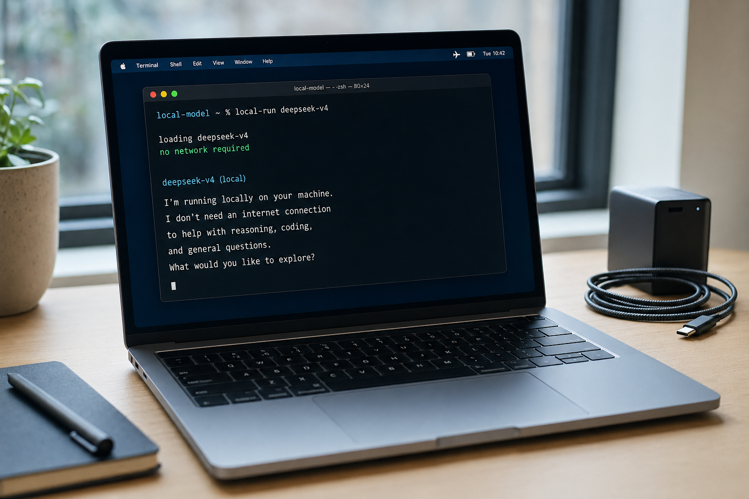 Laptop in airplane-mode style running DeepSeek V4 locally, with a streamed reply and no network indicator.