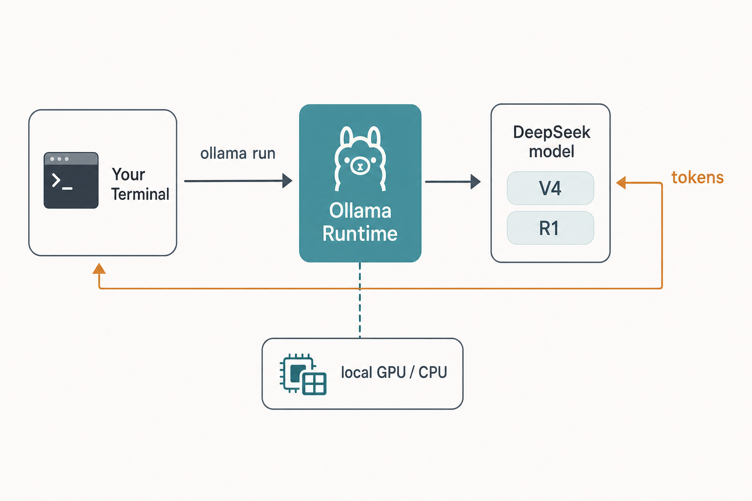 Diagram of how Ollama runs a local DeepSeek model and streams tokens back to the terminal.
