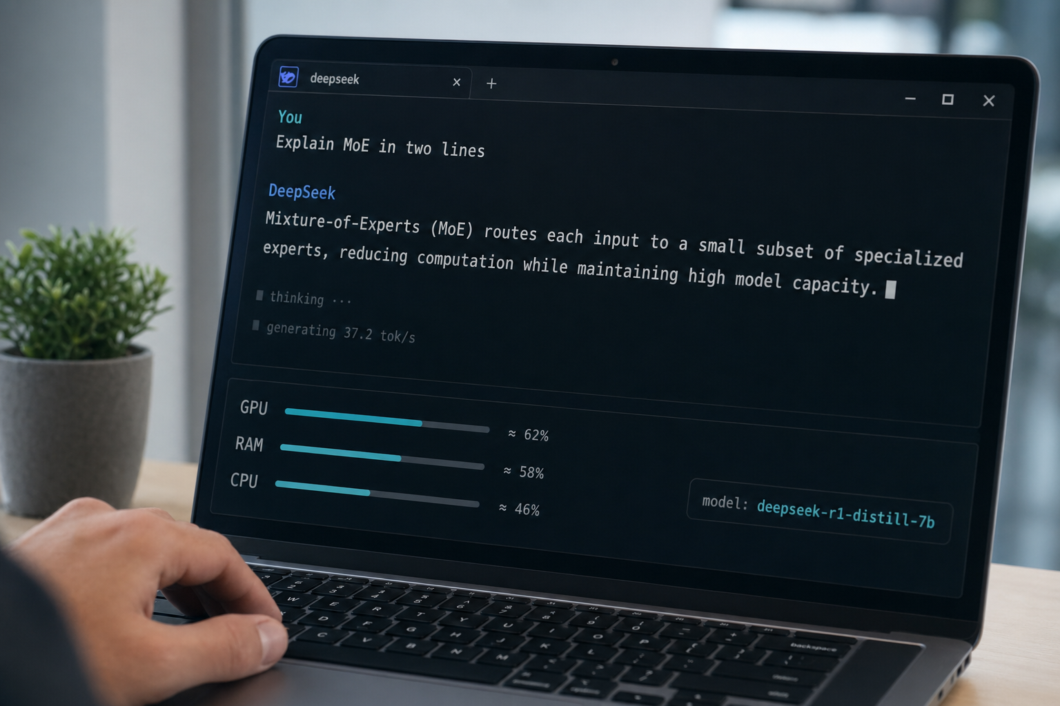 Laptop running a first DeepSeek prompt through Ollama with live system stats showing GPU and RAM usage below.