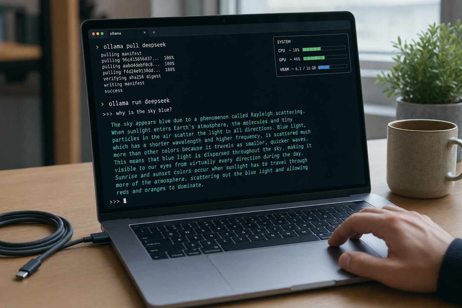Laptop terminal running DeepSeek locally through Ollama, showing model pull and a streamed response.