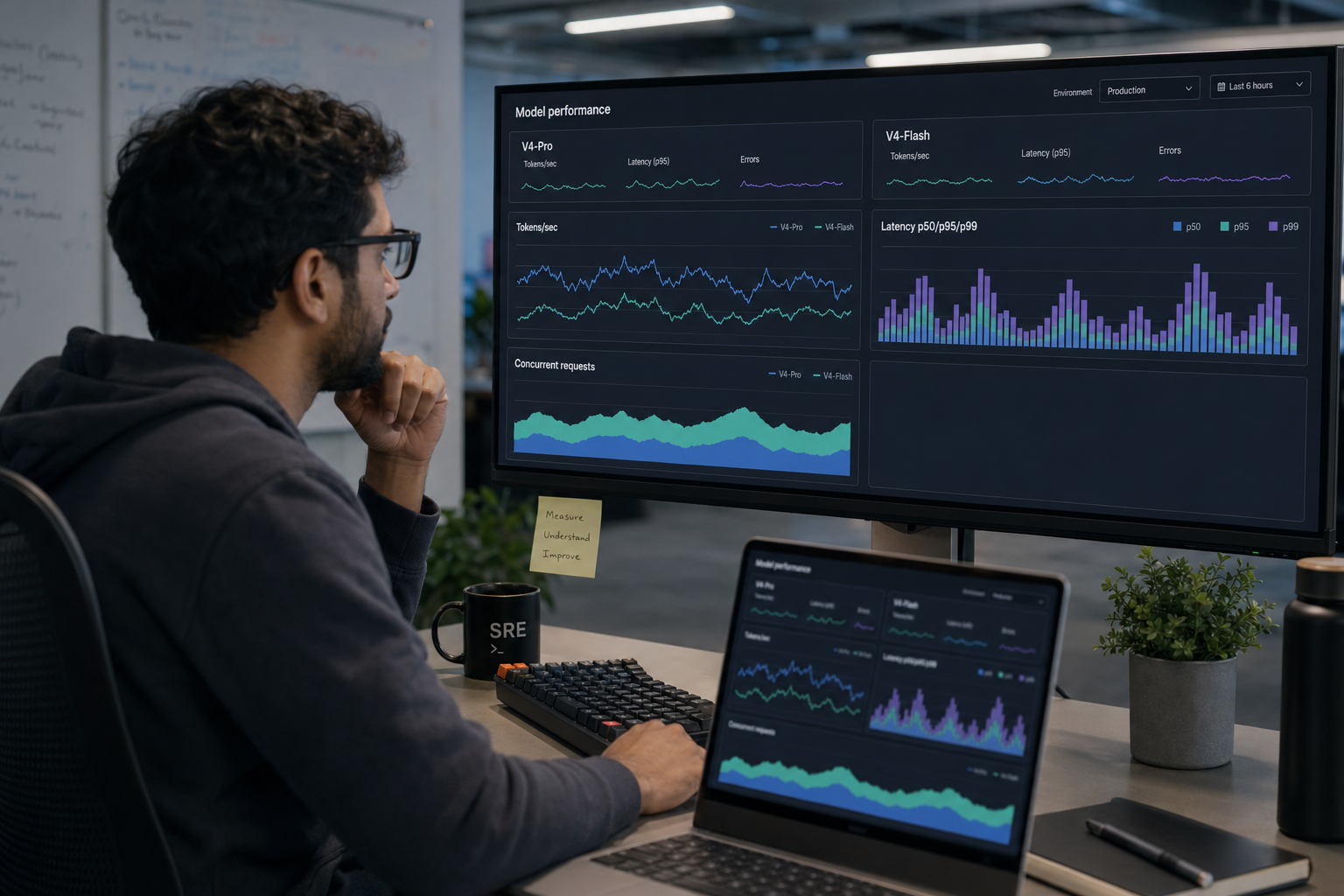 Site reliability engineer reviewing a DeepSeek performance dashboard with V4-Pro and V4-Flash metrics in production