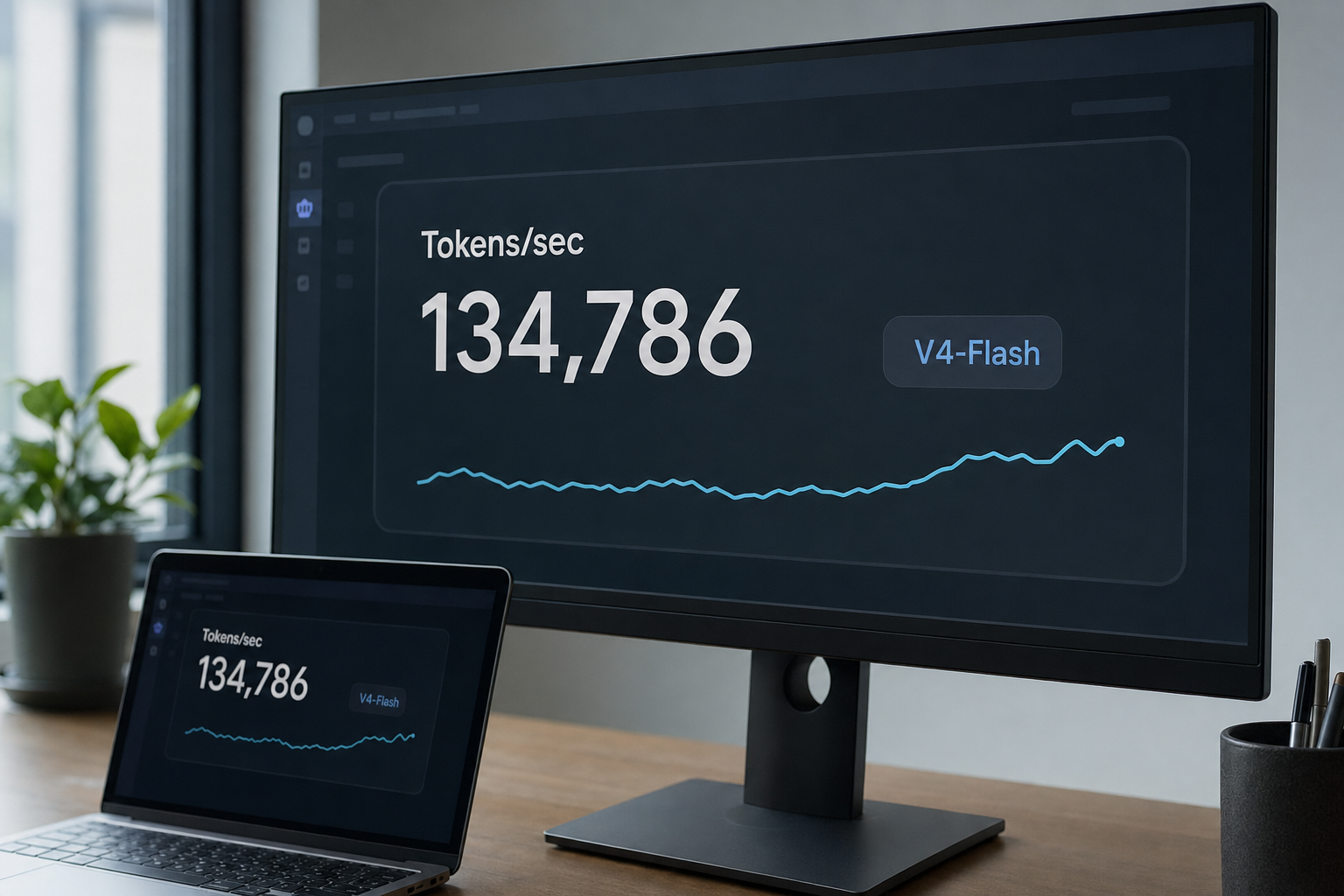 Wide monitor showing a tokens-per-second live widget for DeepSeek V4-Flash during a production performance review