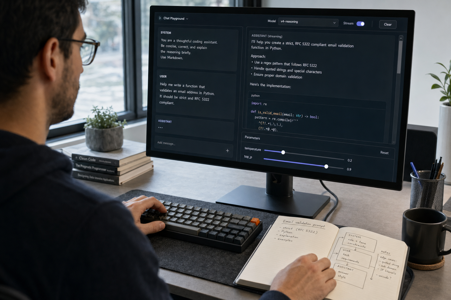 Developer iterating on a structured DeepSeek V4 prompt in a chat playground with system, user and assistant roles.