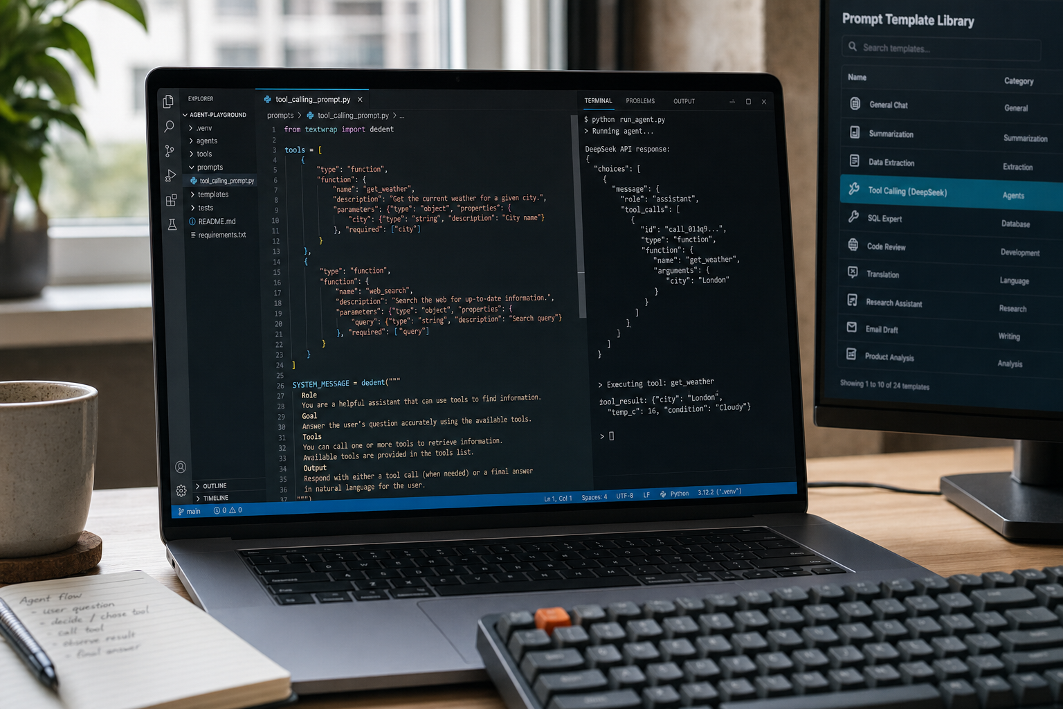 Editor and terminal showing a DeepSeek tool-calling prompt template skeleton with tool_call and tool_result in flow.