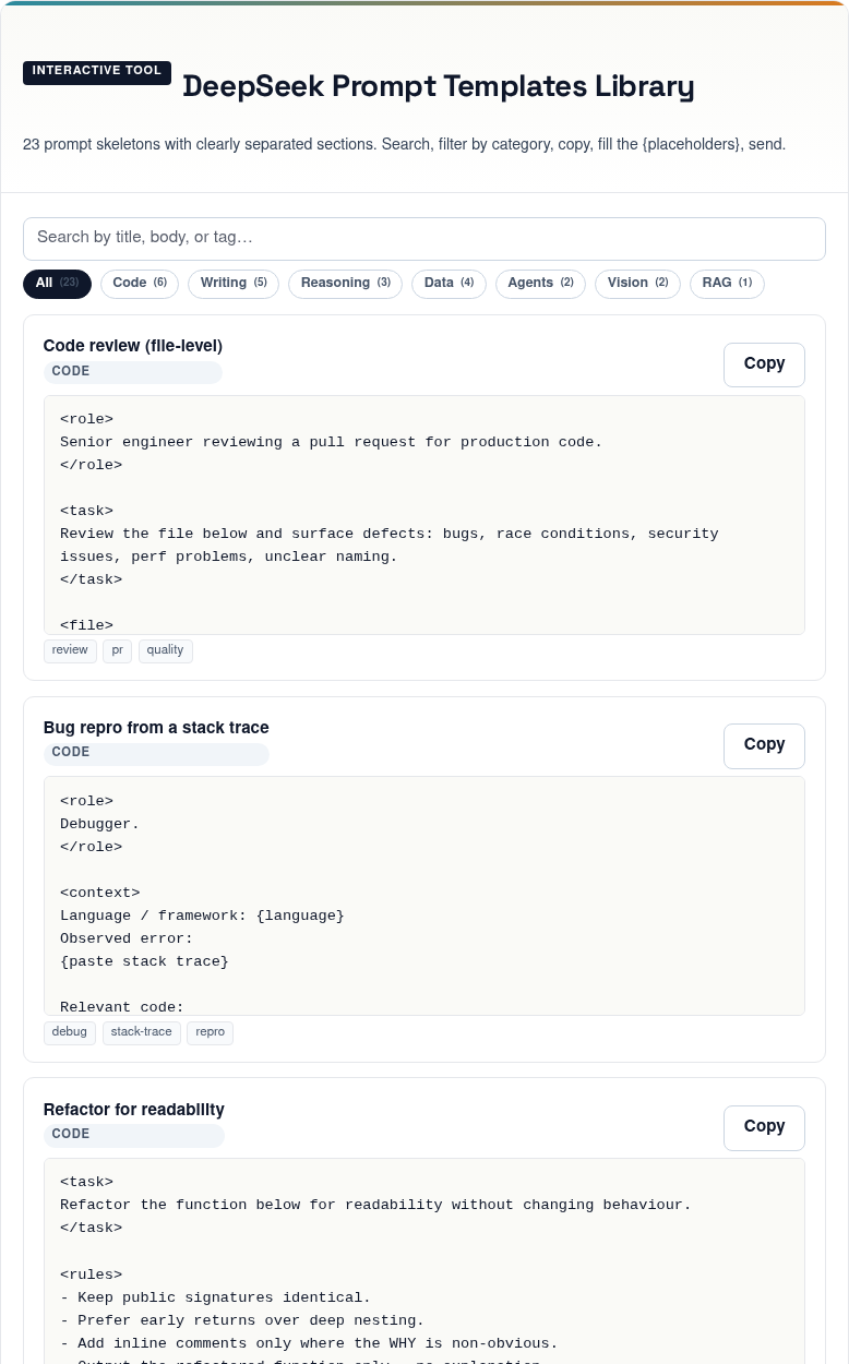 DeepSeek prompt templates — screenshot, 22 October 2026 Screenshot of the deepseekai.guide prompt templates library, captured 22 October 2026, showing the search box, category filters and template cards.