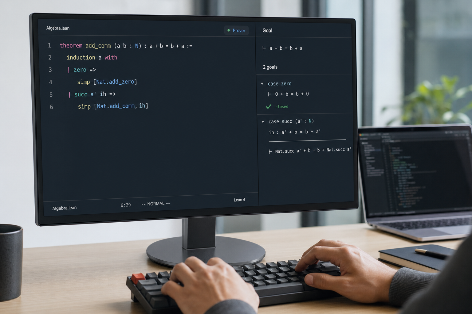 Developer using DeepSeek Prover to close a Lean 4 theorem-proving goal in a modern code editor