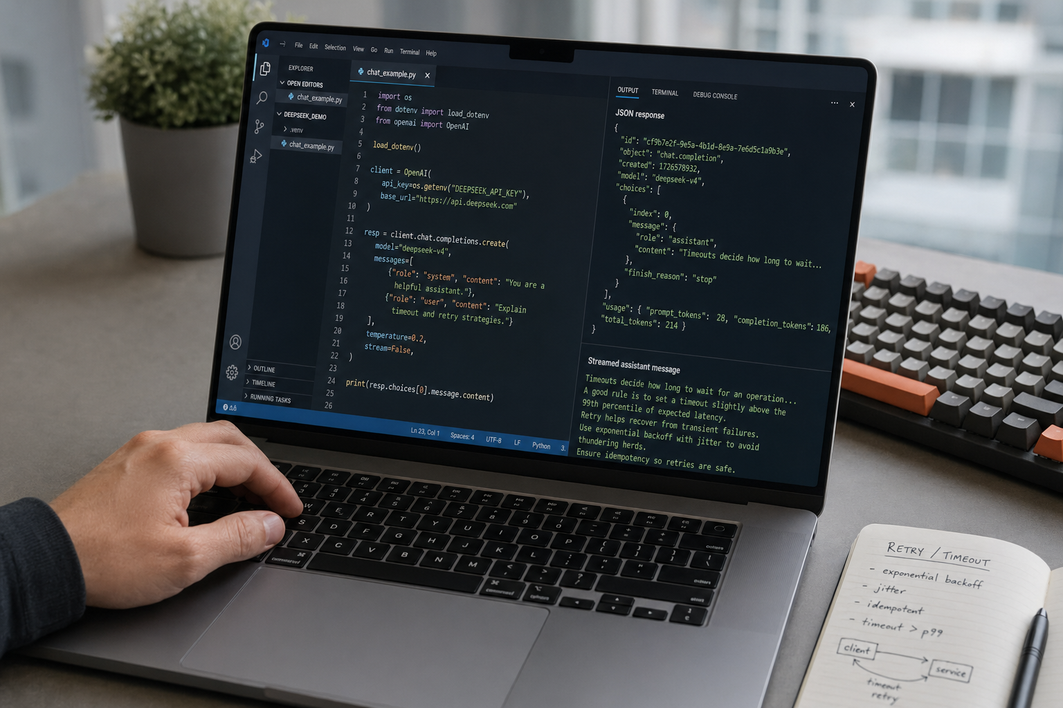 DeepSeek Python integration - practical tutorial Modern code editor showing a Python script calling the DeepSeek V4 API with response output.