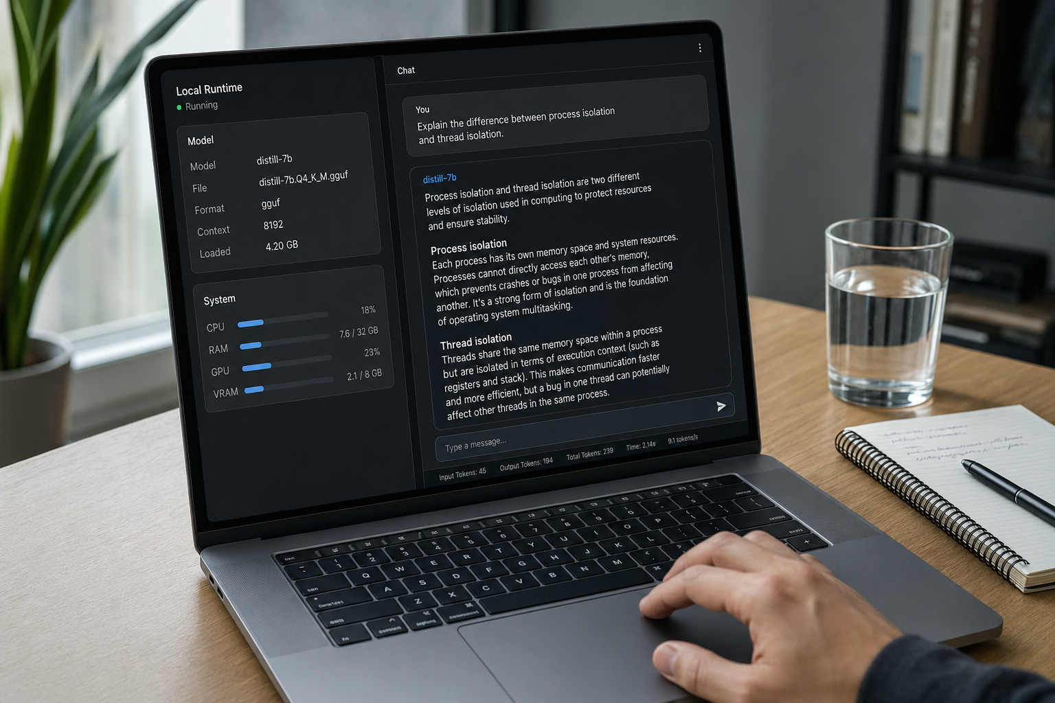 Developer running a DeepSeek R1 Distill 7B reasoning model locally on a modern laptop