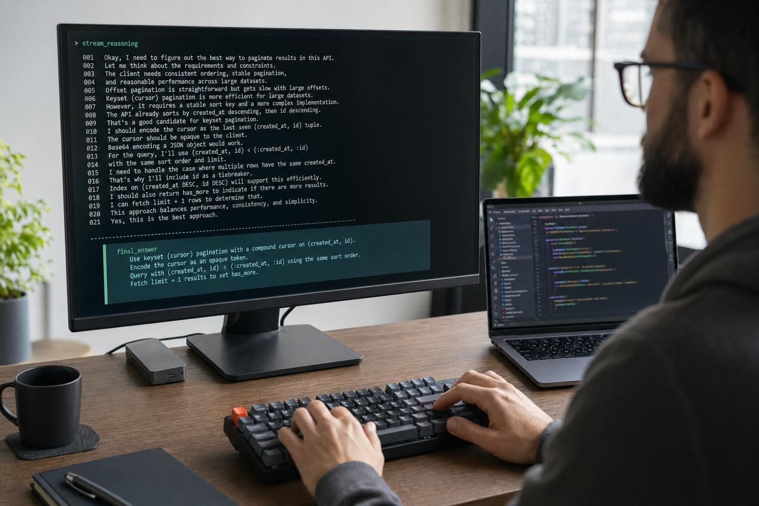 Developer watching DeepSeek R1 stream reasoning steps into a terminal on a modern monitor