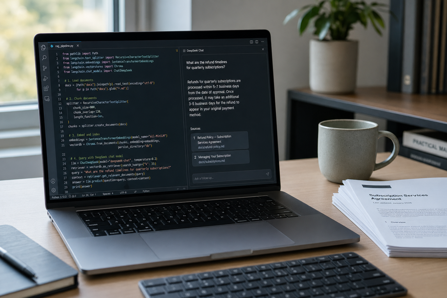 Developer at a laptop building a RAG pipeline that grounds DeepSeek V4 answers in local documents.
