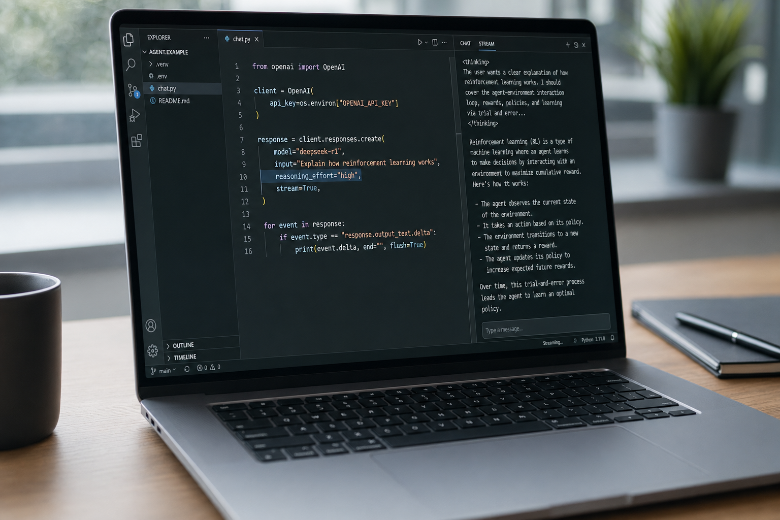 Laptop showing a minimal Python call to a reasoning model with thinking-mode parameters set