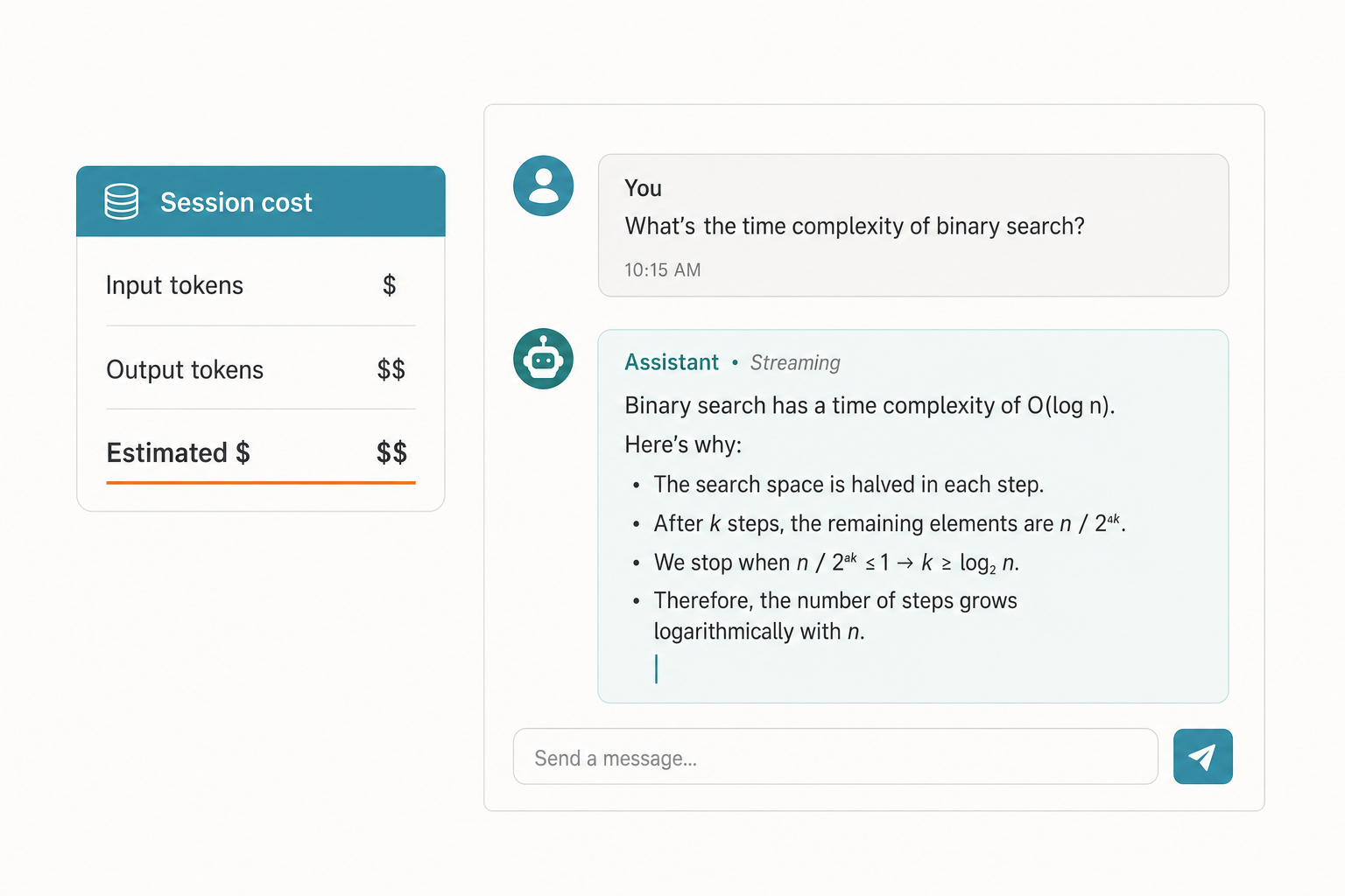 Flat diagram of a Streamlit DeepSeek chat app with a sidebar cost meter tracking input and output token spend.