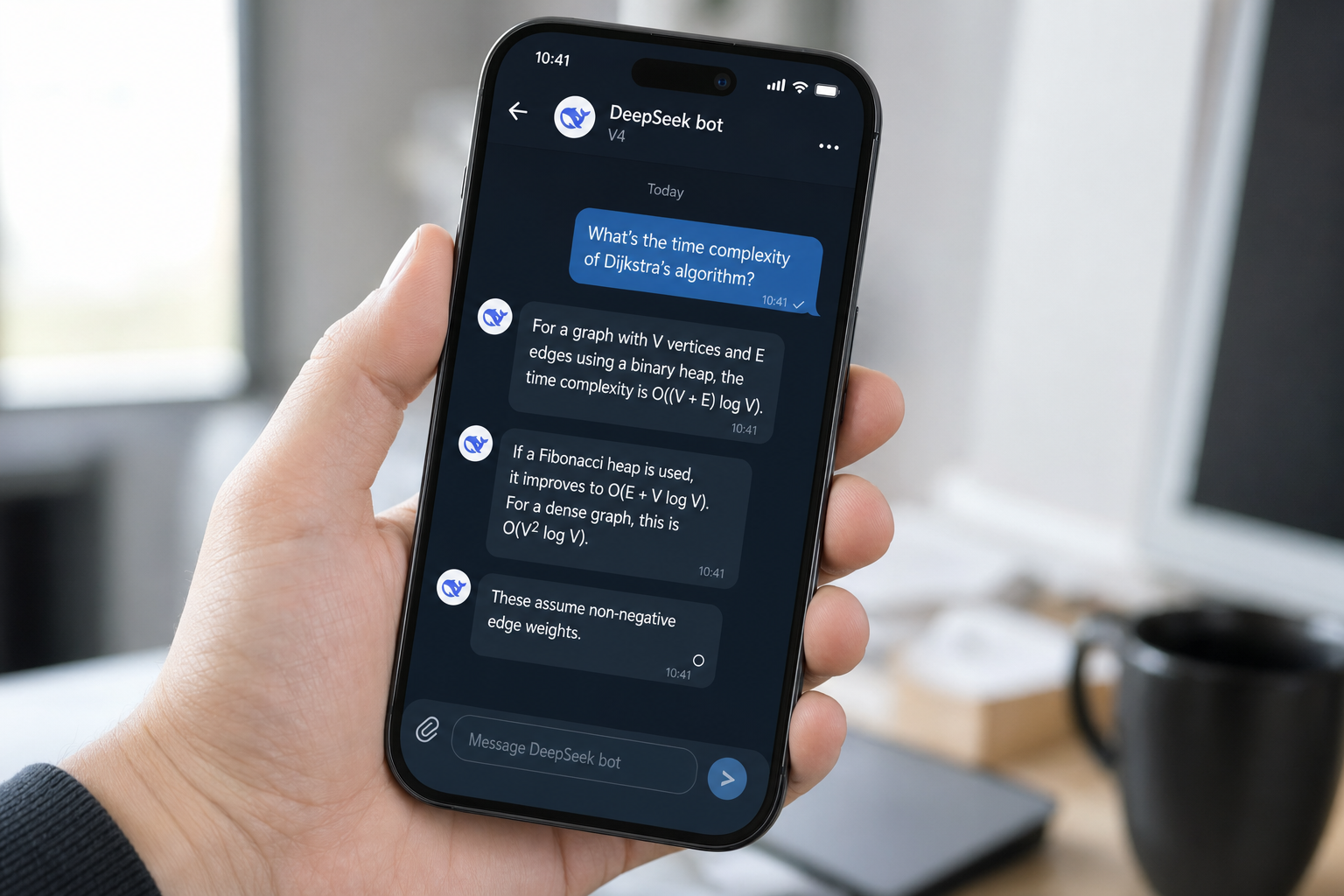 DeepSeek Telegram bot - chat UI mockup Smartphone showing a Telegram-style chat with a DeepSeek V4 bot streaming a reply to a user question.