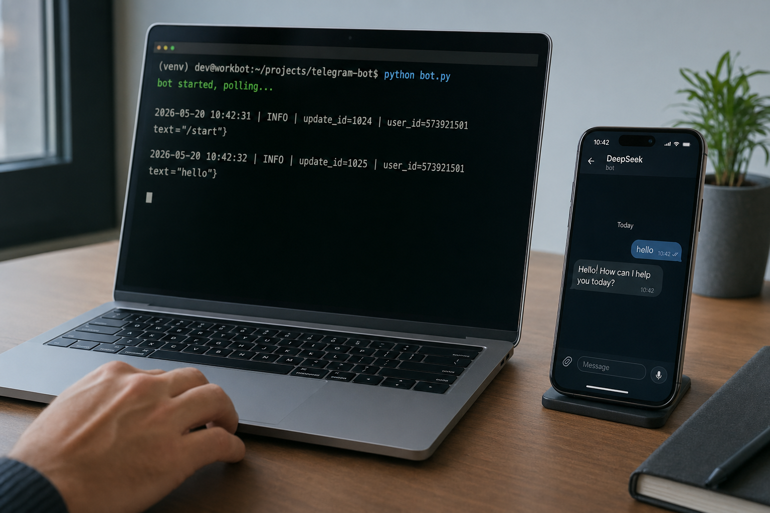 Telegram bot - running locally with phone preview Laptop terminal running a Python Telegram bot beside a phone showing the DeepSeek V4 reply in the chat.