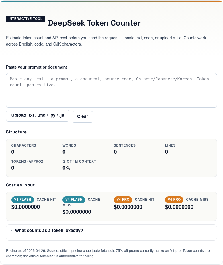 DeepSeek token counter — live screenshot Live screenshot of the DeepSeek token-counter tool showing tokenized input on the deepseekai.guide site