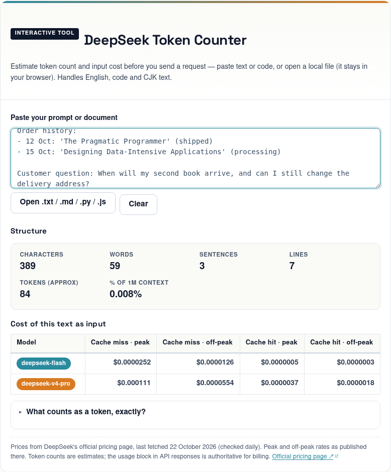 Screenshot of the deepseekai.guide token counter, captured 22 October 2026, with a sample support prompt: estimated tokens and its input cost on deepseek-flash and deepseek-v4-pro at peak and off-peak rates.