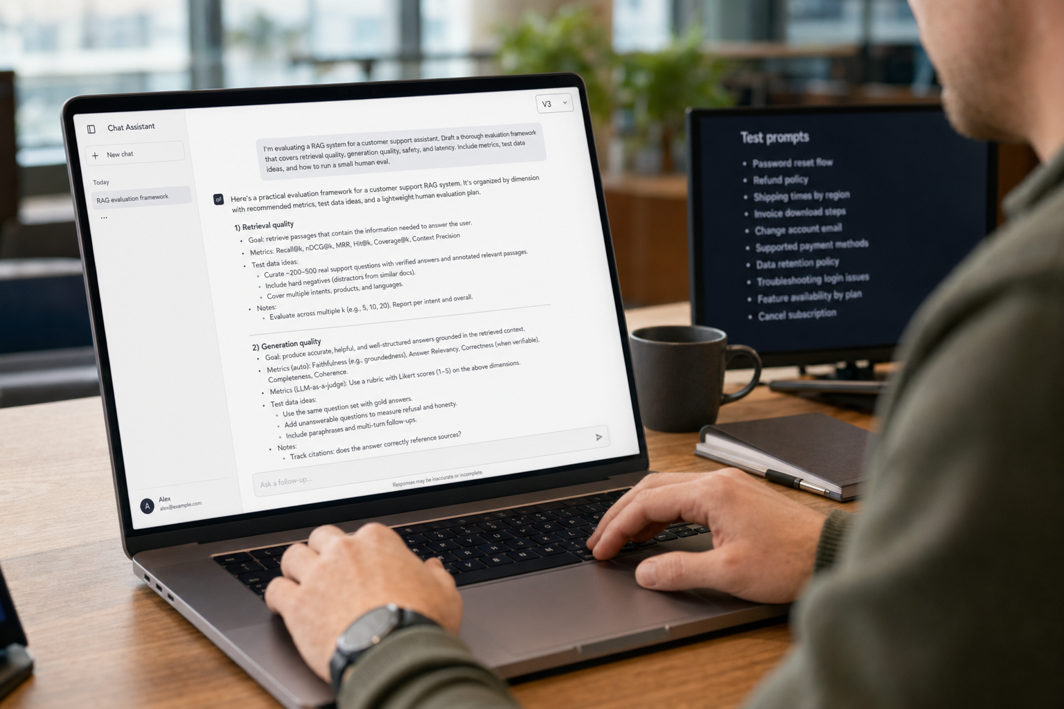 Practitioner testing the DeepSeek V3 chat interface on a modern laptop in a coworking space in 2026