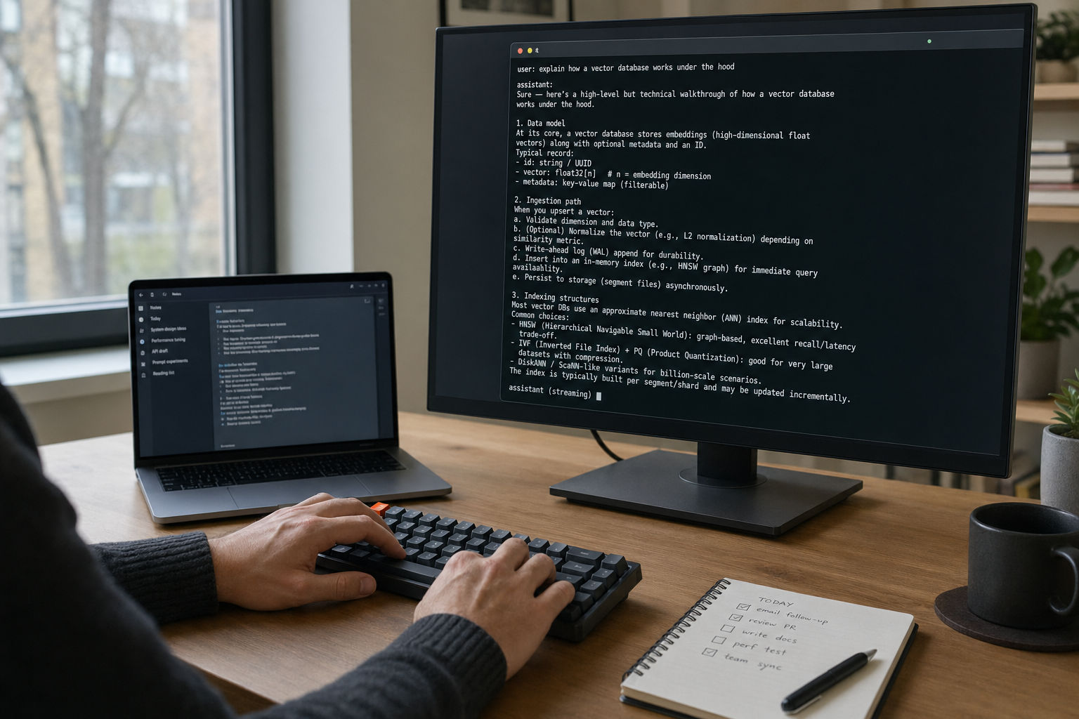 Developer streaming output from DeepSeek V3 model on a modern home-office laptop and external monitor