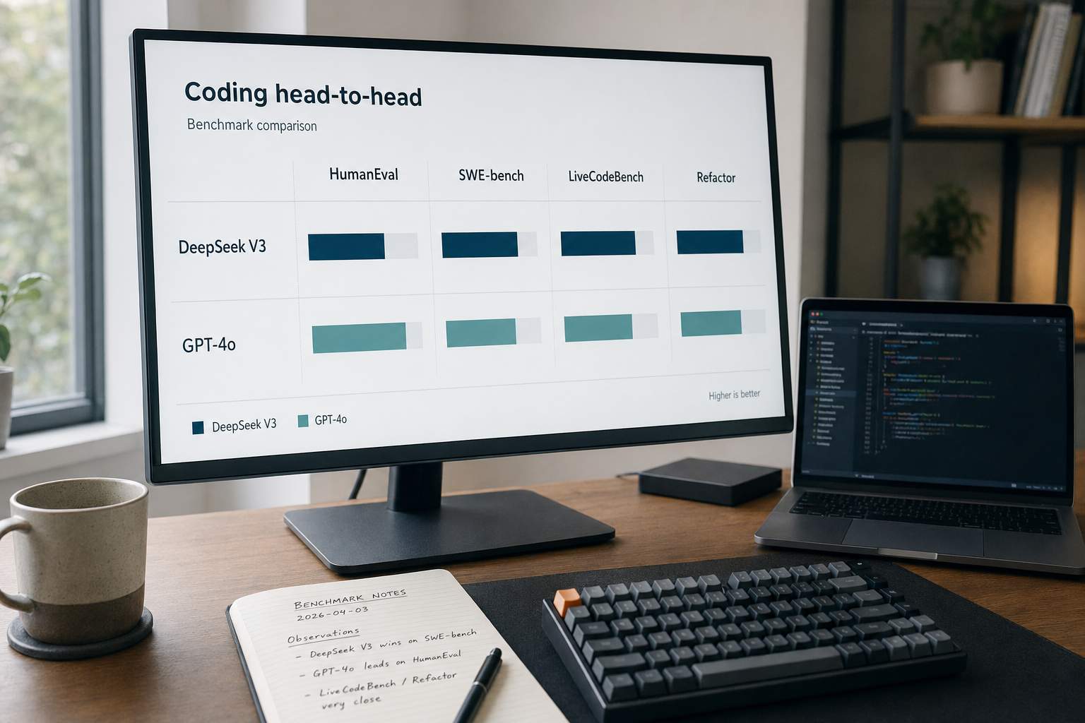 DeepSeek V3 vs GPT-4o — coding benchmark dashboard Monitor showing a coding benchmark dashboard comparing DeepSeek V3 and GPT-4o on HumanEval, SWE-bench and refactor.