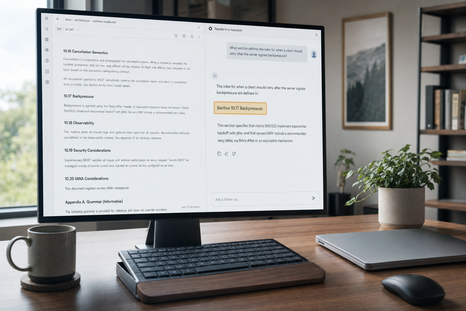 DeepSeek V3.2 — long-context recall test Developer testing DeepSeek V3.2 long-context recall on a modern monitor with a long document and chat panel