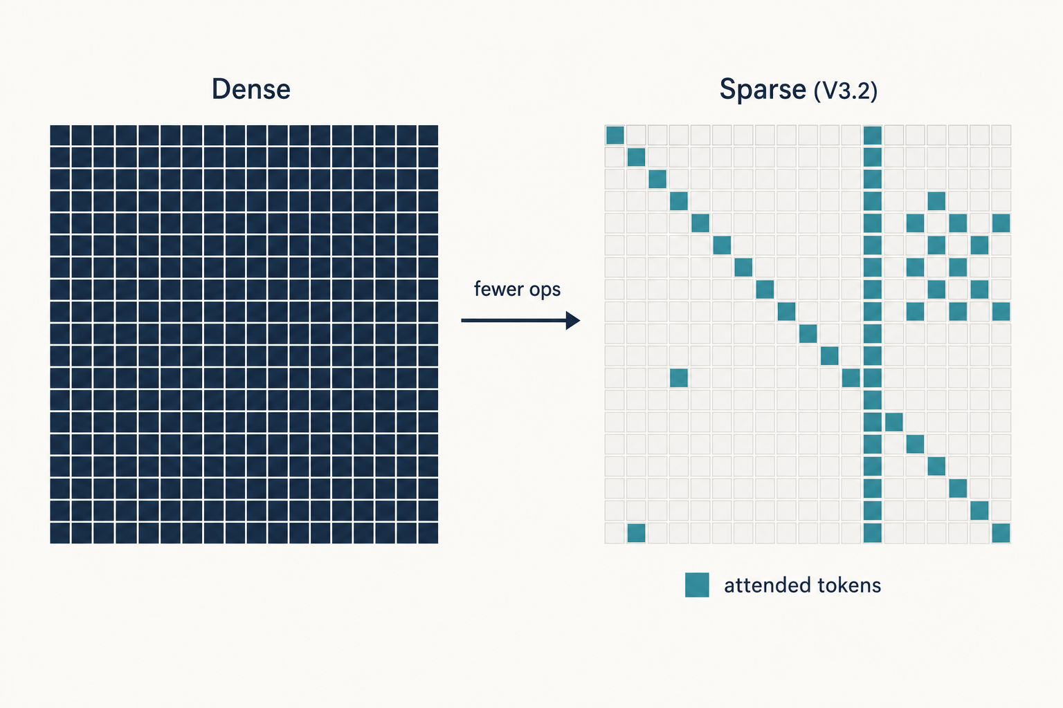 DeepSeek V3.2 — sparse attention pattern Diagram contrasting dense and sparse attention patterns used in DeepSeek V3.2 token attention