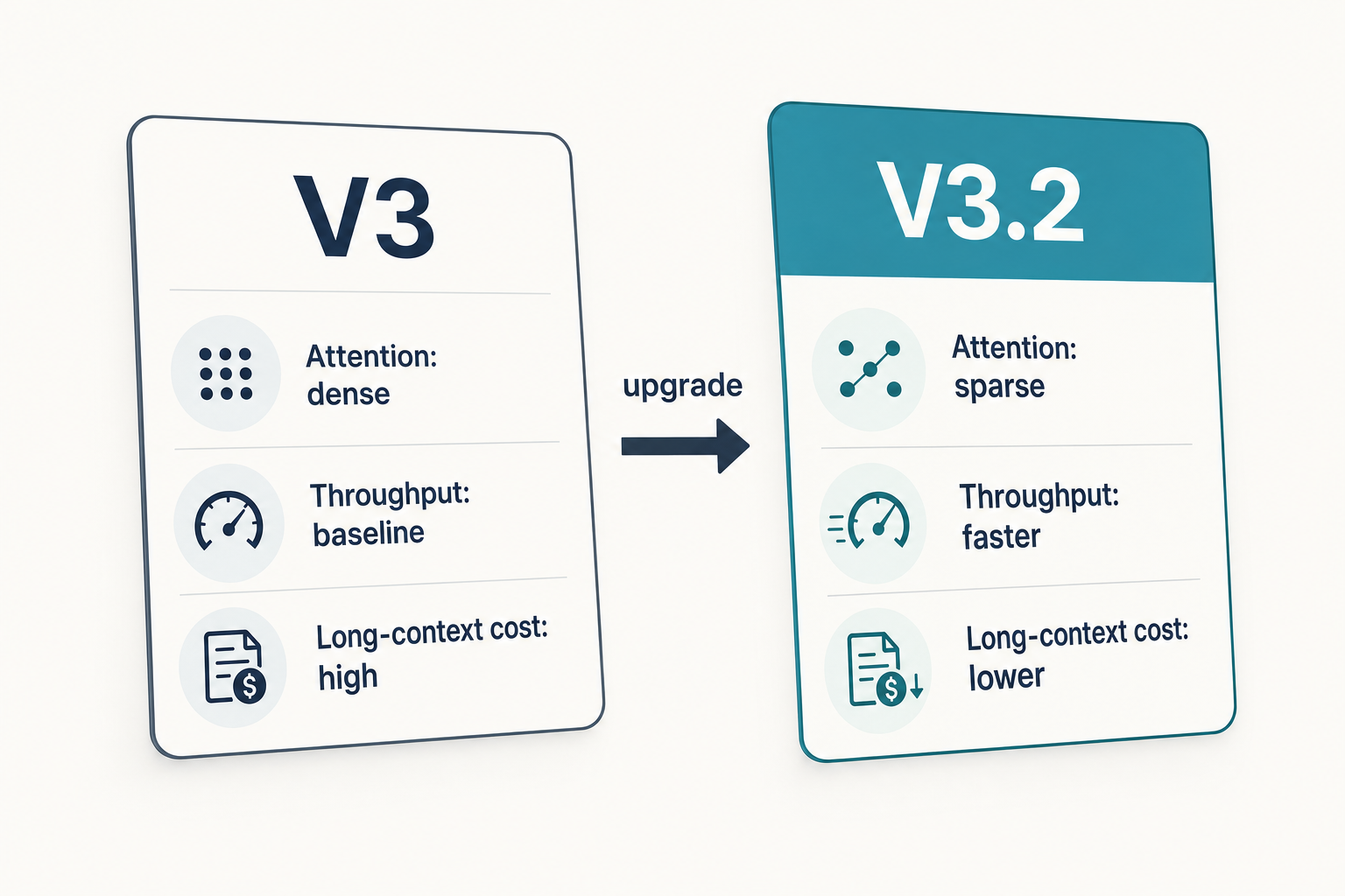 DeepSeek V3.2 — upgrade comparison card Comparison card showing DeepSeek V3.2 throughput and attention upgrade over the original V3 release