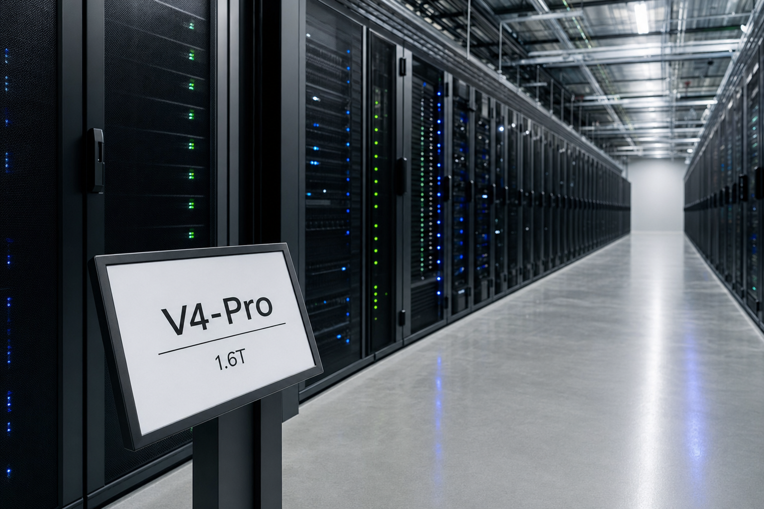 Modern data-centre aisle with DeepSeek V4-Pro signage indicating the 1.6T parameter frontier model