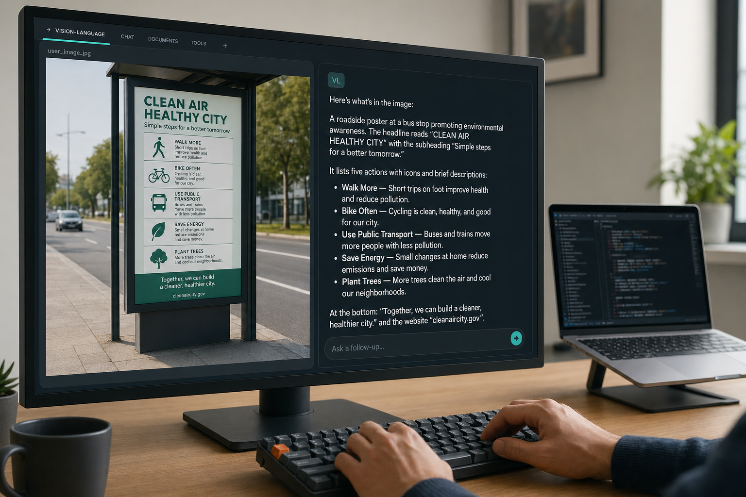 Developer using DeepSeek VL to describe a roadside poster image alongside a natural-language answer
