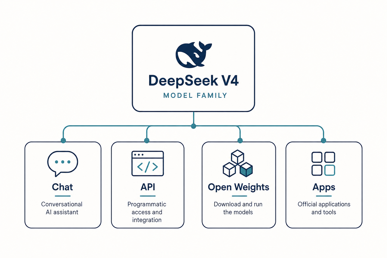 What is DeepSeek — capability map Diagram of what DeepSeek is in 2026 showing the V4 model family branching into Chat, API, weights and apps
