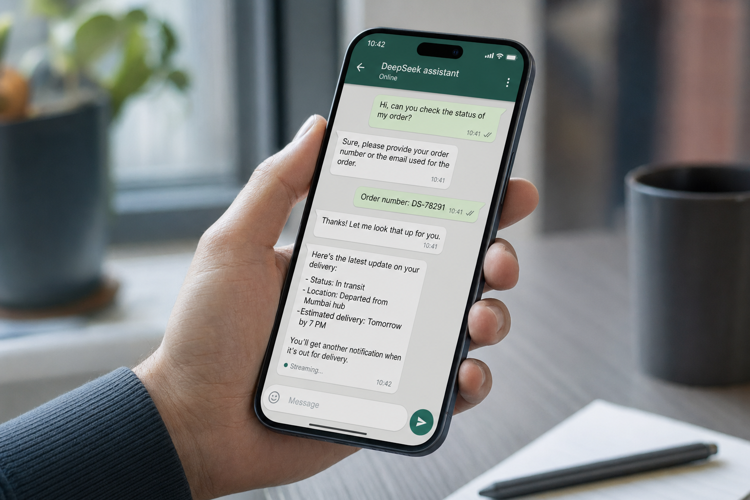 Smartphone showing a WhatsApp-style chat where a DeepSeek V4 assistant replies to a user request.