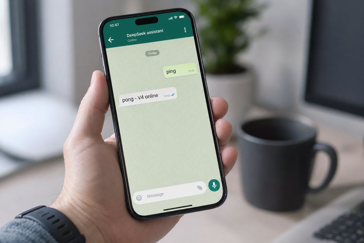 Smartphone showing a WhatsApp-style test message exchange confirming the DeepSeek V4 webhook integration is live.